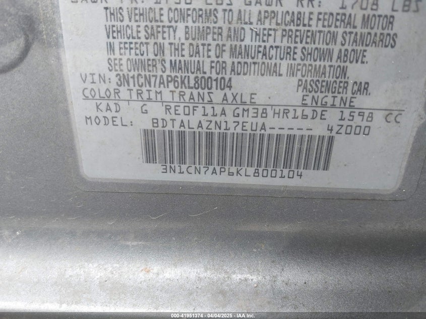 2019 NISSAN VERSA VIN: 3N1CN7AP6KL800104