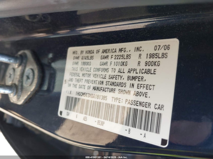 2006 HONDA ACCORD VIN: 1HGCM563X6A181385