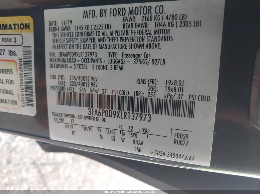 2020 FORD FUSION VIN: 3FA6P0D9XLR137973