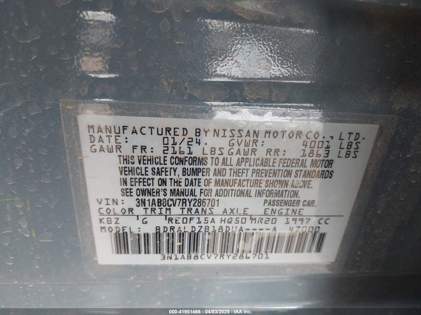 2024 NISSAN SENTRA VIN: 3N1AB8CV7RY286701