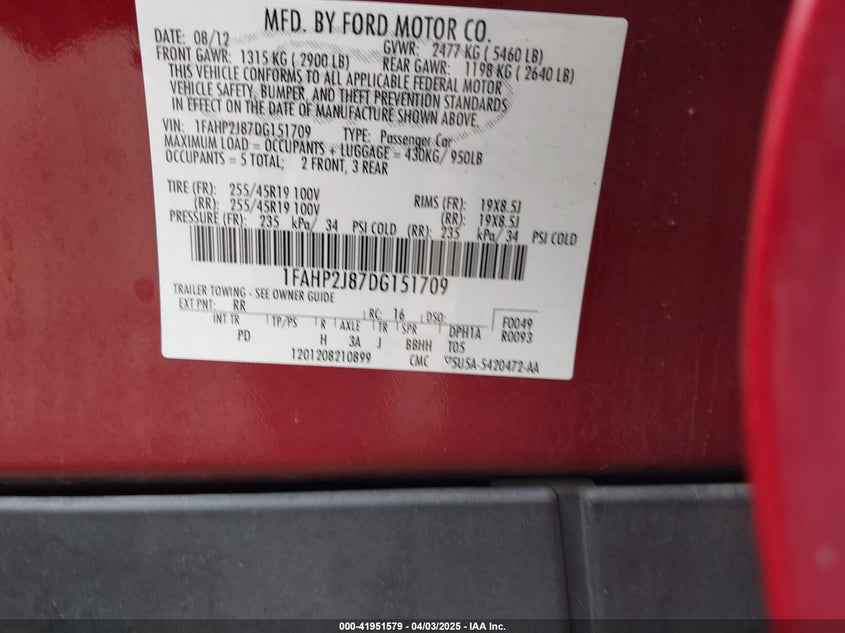 2013 FORD TAURUS VIN: 1FAHP2J87DG151709