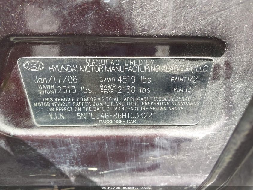 2006 Hyundai Sonata Gls V6/Lx V6 VIN: 5NPEU46F86H103322 Lot: 41951595