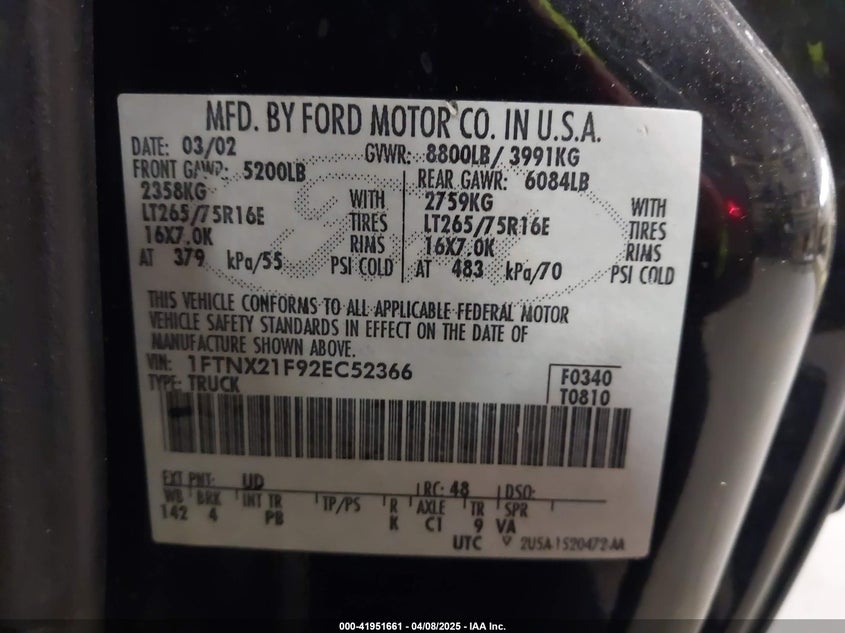 2002 Ford F-250 Super Duty VIN: 1FTNX21F923V52366 Lot: 41951661