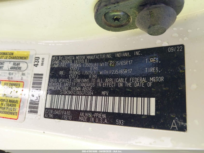 2022 TOYOTA ALL MODELS VIN: 5TDKSKFC3NS070984
