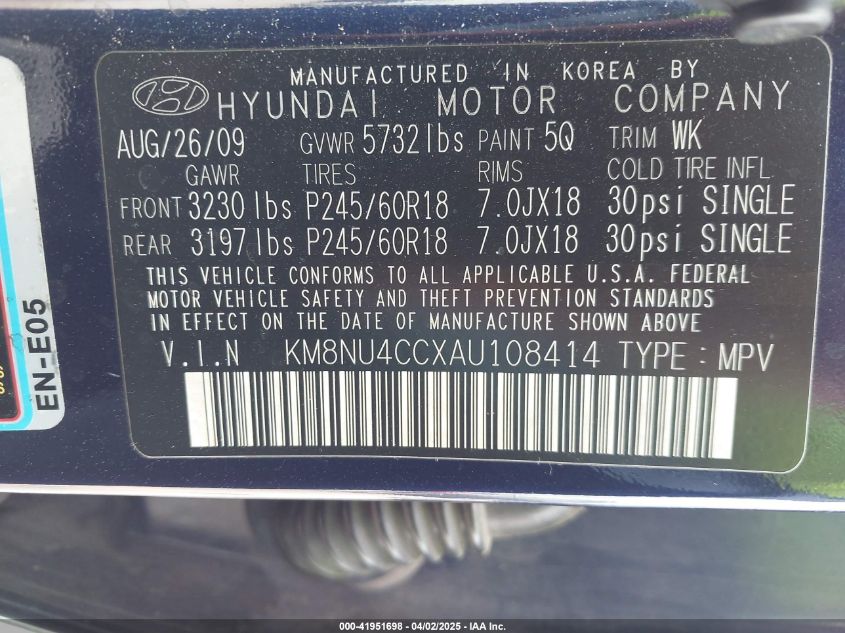 2010 Hyundai Veracruz Limited VIN: KM8NU4CCXAU108414 Lot: 41951698