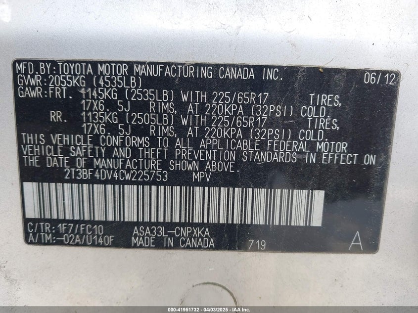 2012 TOYOTA RAV4 VIN: 2T3BF4DV4CW225753