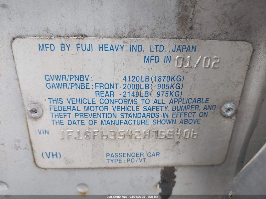 2002 Subaru Forester L VIN: JF1SF63542H755423 Lot: 41951764