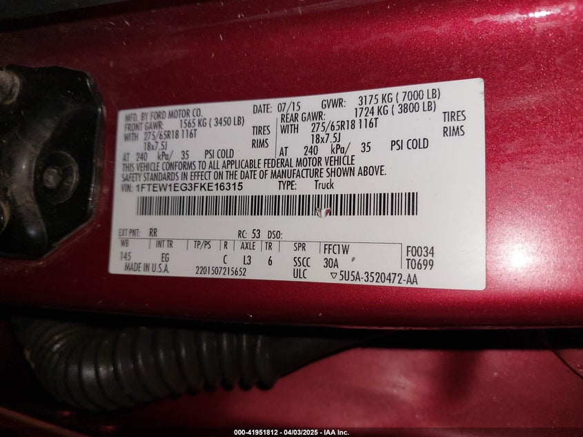2015 FORD F-150 VIN: 1FTEW1EG3FKE16315