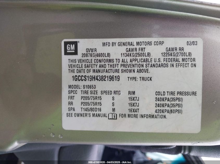 2003 Chevrolet S-10 Ls VIN: 1GCCS19H438219619 Lot: 41951828