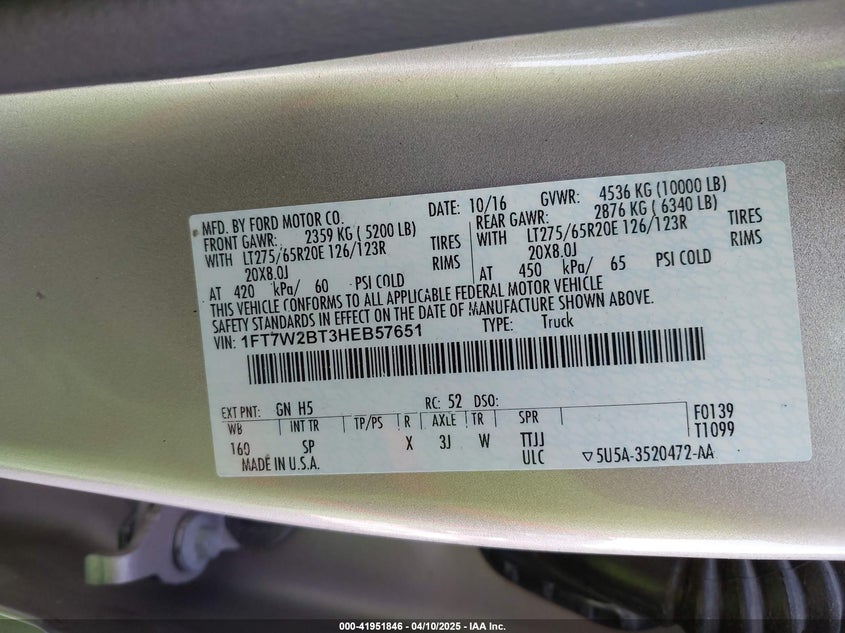 2017 FORD F-250 VIN: 1FT7W2BT3HEB57651