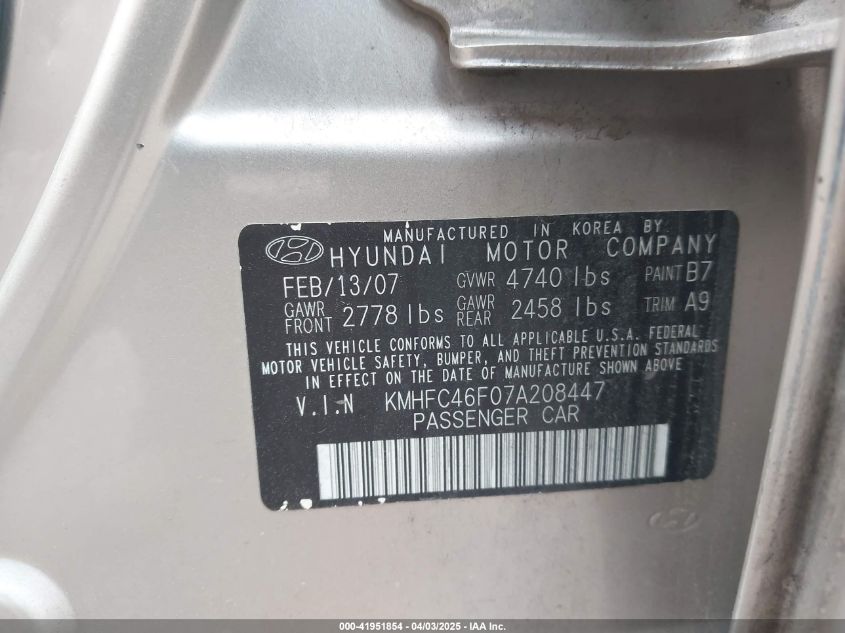 2007 Hyundai Azera Limited/Se VIN: KMHFC46F07A208447 Lot: 41951854