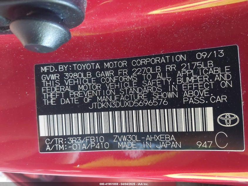 2013 TOYOTA PRIUS VIN: JTDKN3DUXD5696576