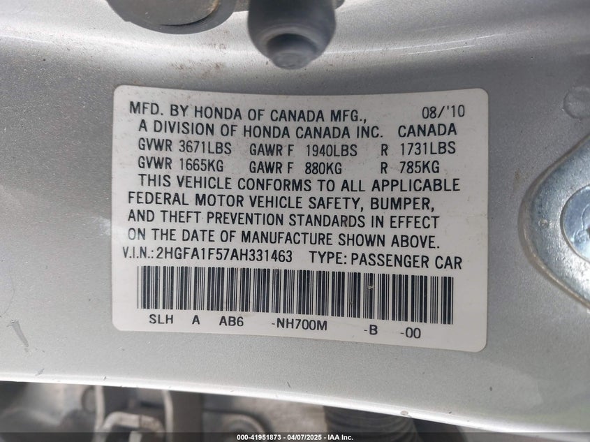 2010 HONDA CIVIC VIN: 2HGFA1F57AH331463
