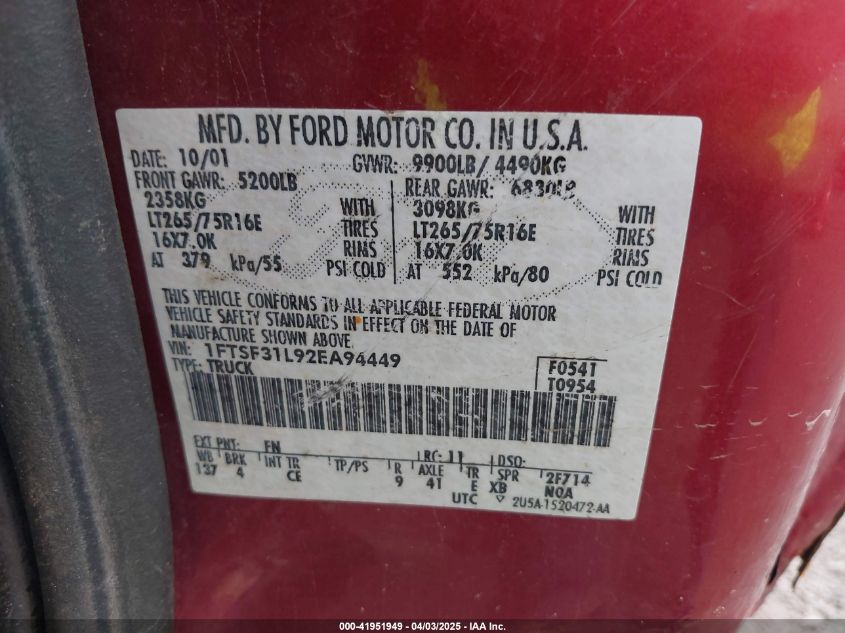 2002 Ford F-350 Xl/Xlt VIN: 1FTSF31L92EA94449 Lot: 41951949