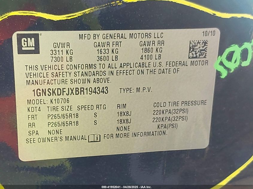 2011 Chevrolet Tahoe Hybrid VIN: 1GNSKDFJXBR194343 Lot: 41952041