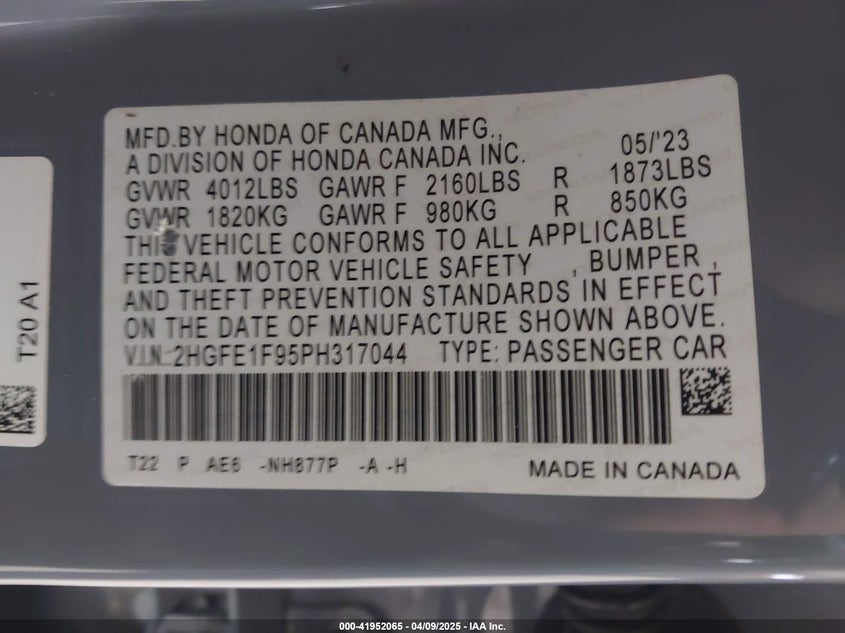 2023 HONDA CIVIC VIN: 2HGFE1F95PH317044