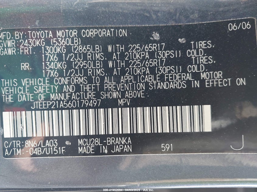 2006 TOYOTA HIGHLANDER VIN: JTEEP21A560179497