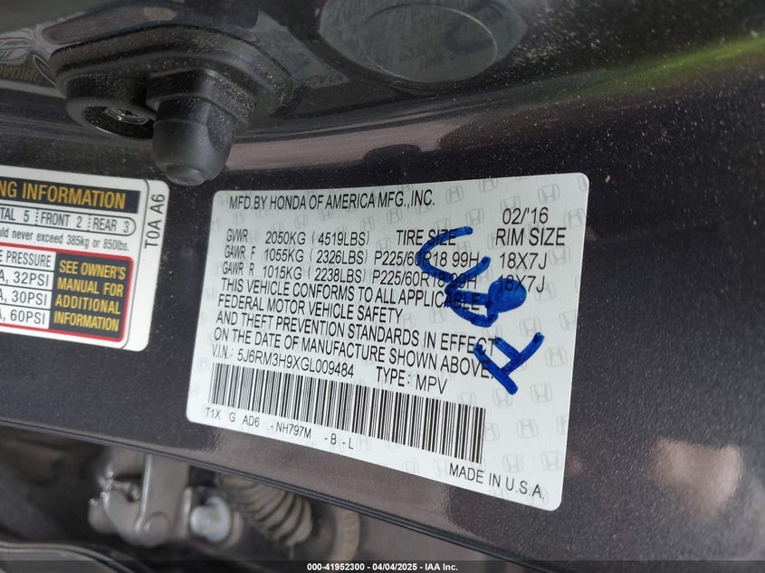 2016 HONDA CR-V TOURING - 5J6RM3H9XGL009484