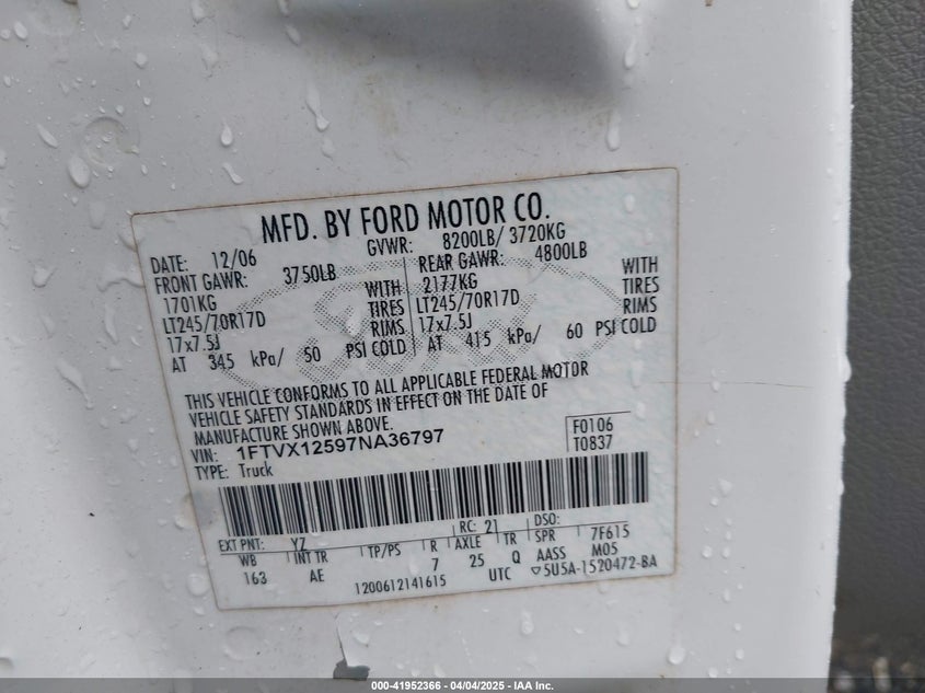 2007 FORD F150 VIN: 1FTVX12597NA36797