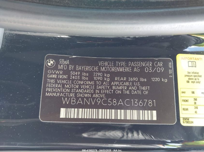 2010 BMW 535I xDrive VIN: WBANV9C58AC136781 Lot: 41952376
