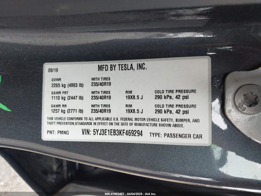 2019 TESLA MODEL 3 VIN: 5YJ3E1EB3KF469294