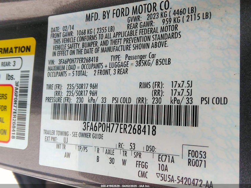 2014 FORD FUSION VIN: 3FA6P0H77ER268418