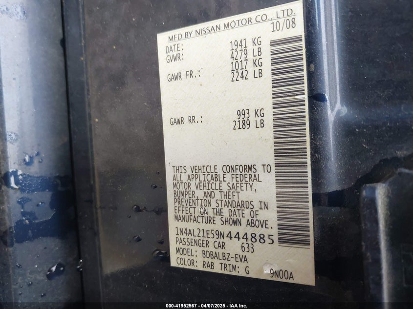 2009 NISSAN ALTIMA VIN: 1N4AL21E59N444885