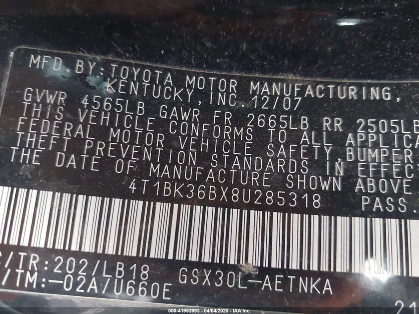2008 TOYOTA AVALON VIN: 4T1BK36BX8U285318