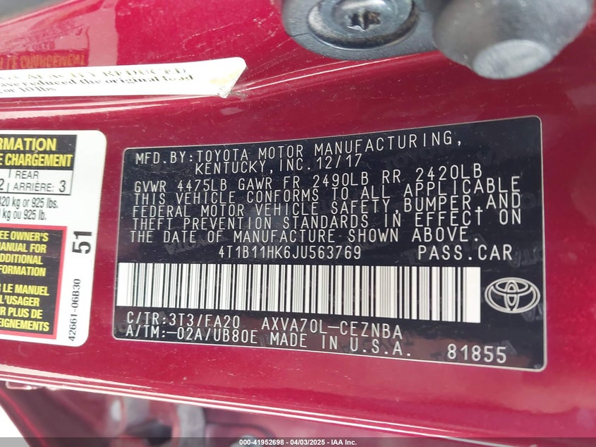 2018 TOYOTA CAMRY LE - 4T1B11HK6JU563769