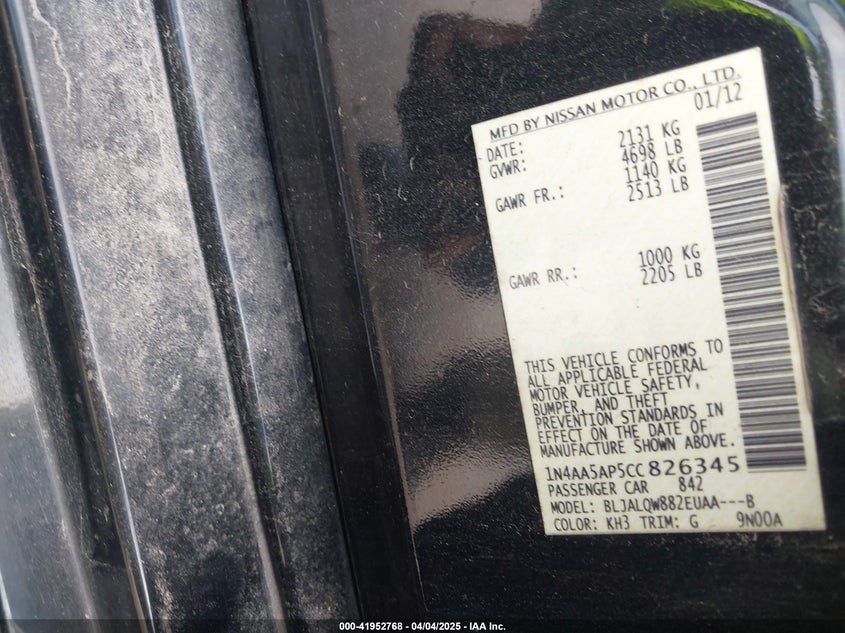 2012 NISSAN MAXIMA VIN: 1N4AA5AP5CC826345