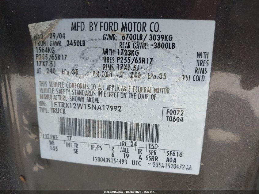 2005 Ford F-150 Stx/Xl/Xlt VIN: 1FTRX12W15NA17992 Lot: 41952837