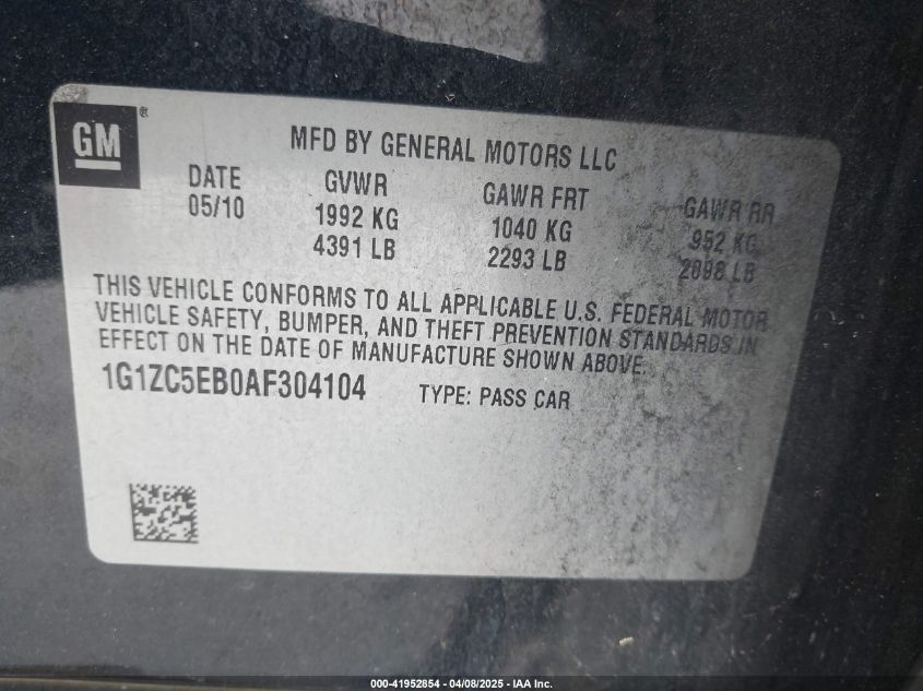 2010 Chevrolet Malibu Lt VIN: 1G1ZC5EBOAF304104 Lot: 41952854