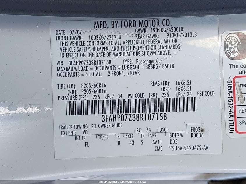 2008 FORD FUSION VIN: 3FAHP07Z38R107158
