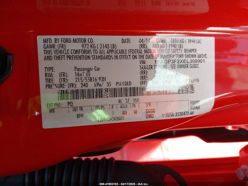 2014 FORD FOCUS VIN: 1FADP3F2XEL309901