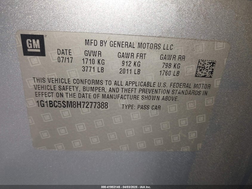 2017 CHEVROLET CRUZE VIN: 1G1BC5SM8H7277388