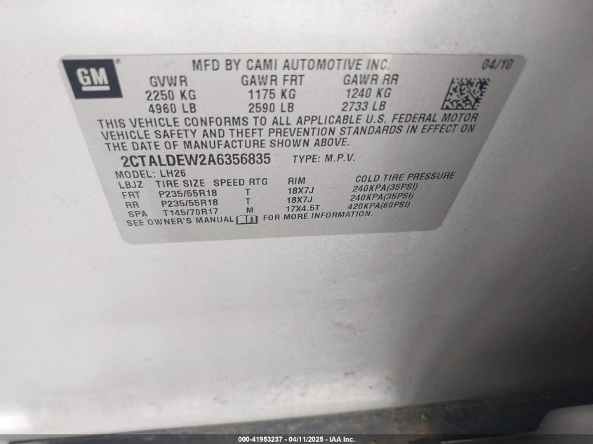 2010 GMC Terrain Sle-2 VIN: 2CTALDEW2A6356835 Lot: 41953237