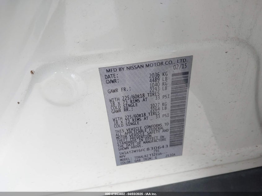 2015 NISSAN ROGUE VIN: 5N1AT2MT6FC830643
