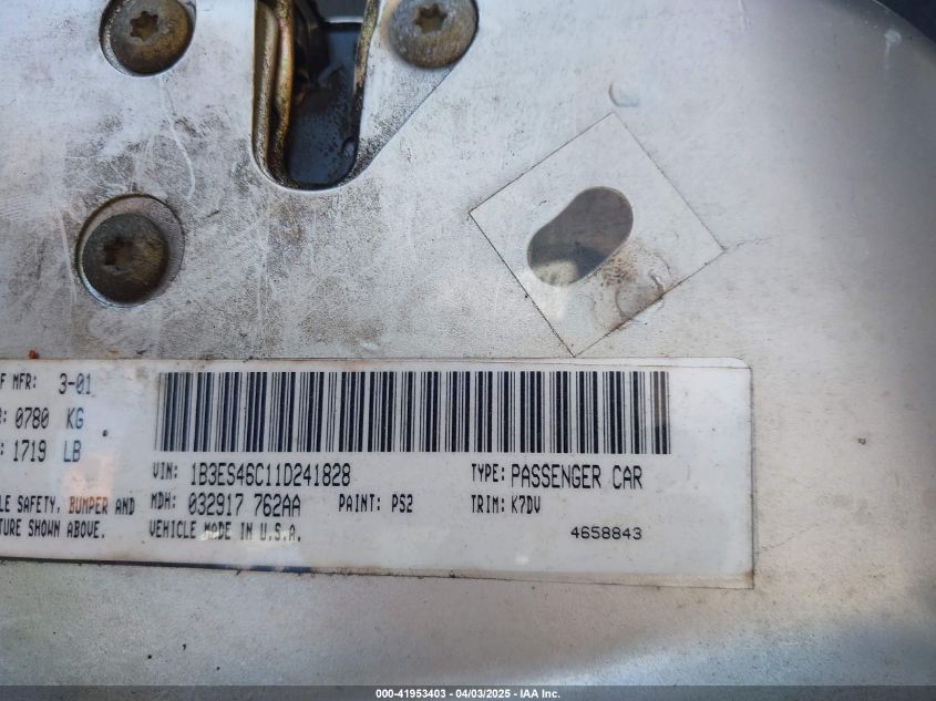 2001 Dodge Neon Se VIN: 1B3ES46C11D241828 Lot: 41953403