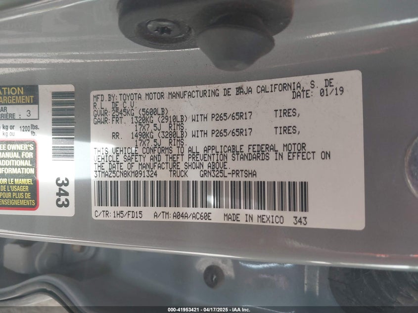 2019 TOYOTA TACOMA VIN: 3TMAZ5CN8KM091324