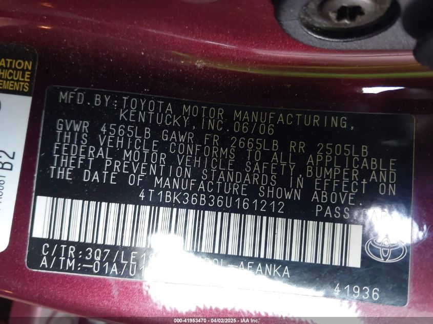 2006 Toyota Avalon Touring VIN: 4T1BK36B36U161212 Lot: 41953470
