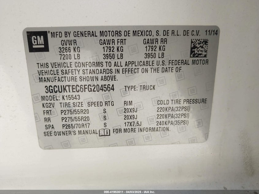 2015 CHEVROLET SILVERADO 1500 VIN: 3GCUKTEC6FG204564