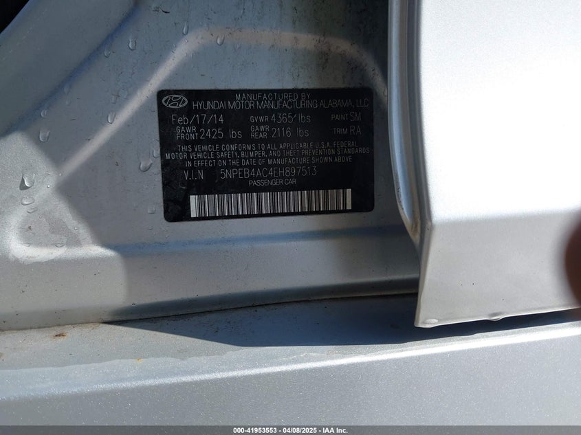 2014 HYUNDAI SONATA VIN: 5NPEB4AC4EH897513