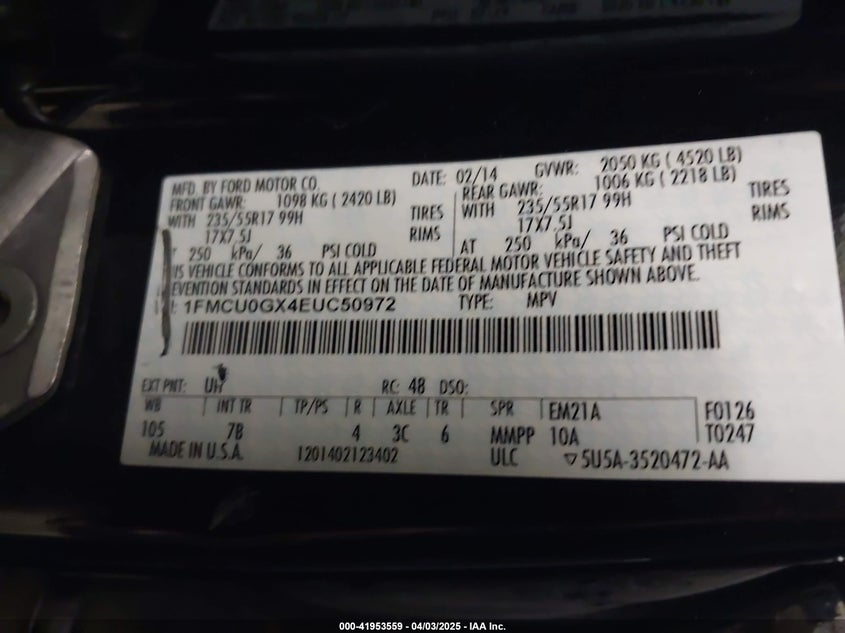 2014 FORD ESCAPE VIN: 1FMCU0GX4EUC50972