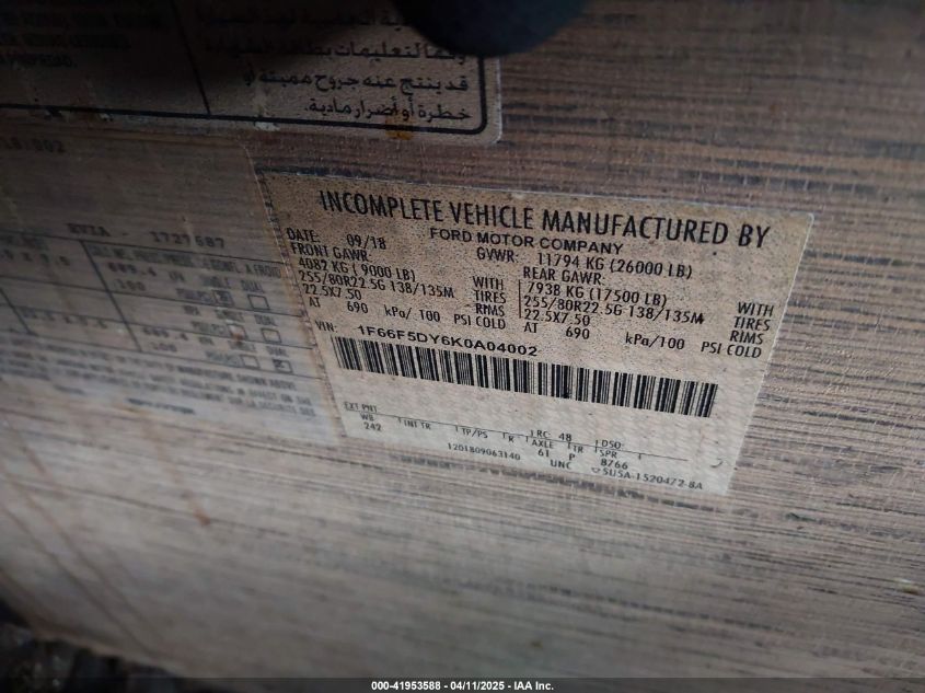 2019 Ford F53 VIN: 1F66F5DY6K0A04002 Lot: 41953588