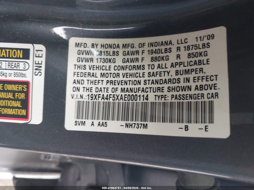 2010 HONDA CIVIC VIN: 19XFA4F5XAE000114