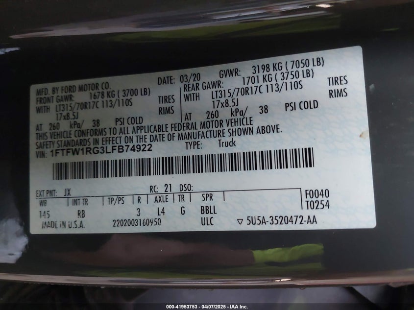 2020 FORD F150 VIN: 1FTFW1RG3LFB74922