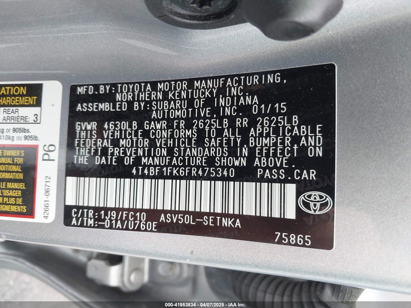 2015 TOYOTA CAMRY VIN: 4T4BF1FK6FR475340