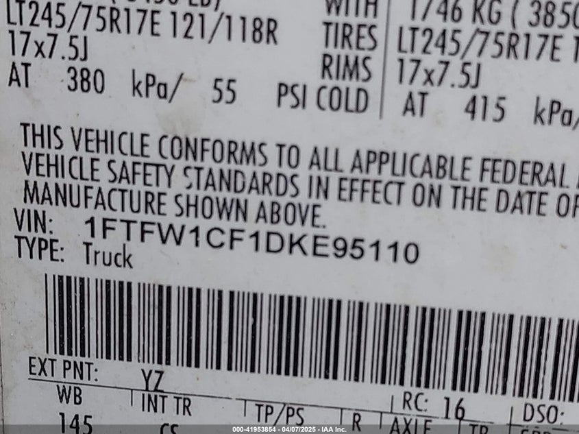 2013 FORD F150 VIN: 1FTFW1CF1DKE95110