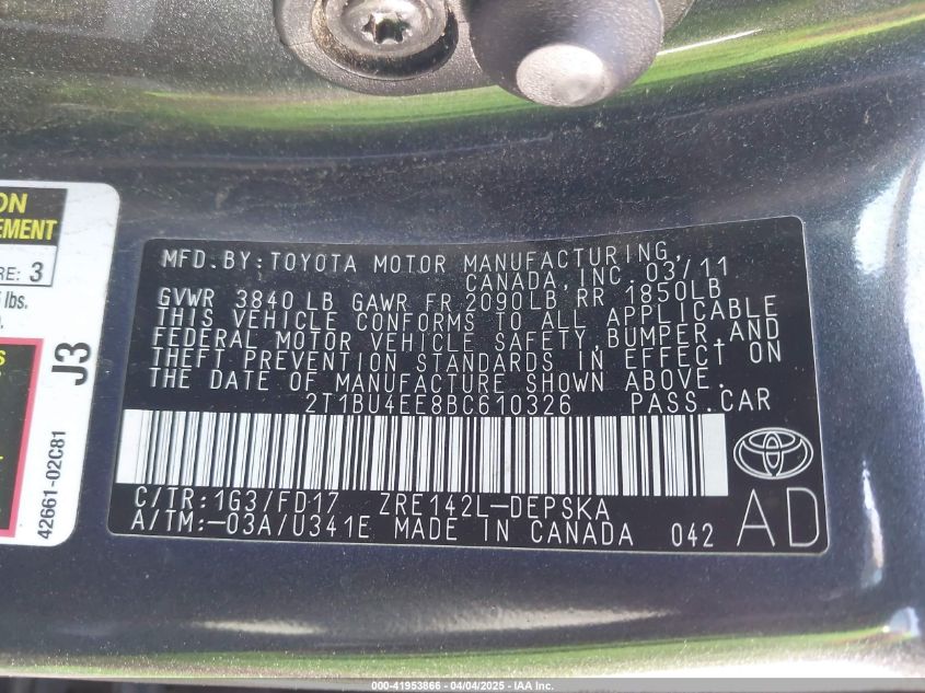 2011 Toyota Corolla Le/S VIN: 2T1BU4EE8B6610326 Lot: 41953866