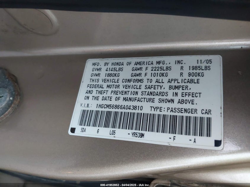 2006 HONDA ACCORD VIN: 1HGCM56866A043810